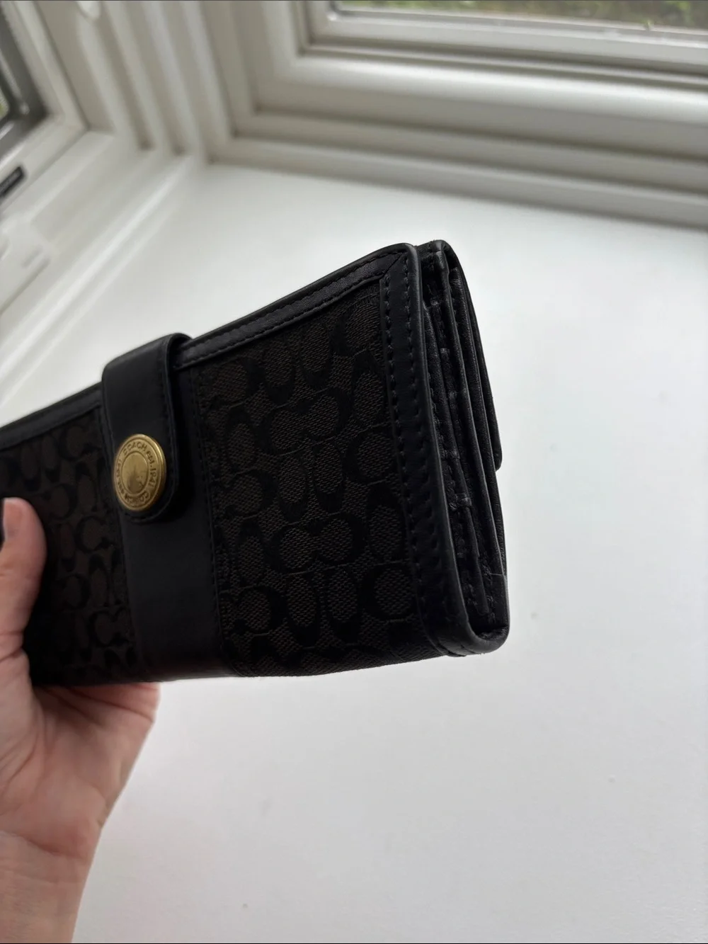 Coach Black Signature Canvas Continental Wallet with Gold Snap